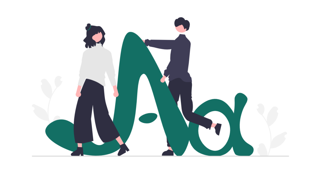 Γυναίκα και άντρας κοιτάζονται ενώ στέκονται πάνω σε δύο μεγάλα γράμματα, άλφα μικρό και άλφα κεφαλαίο.